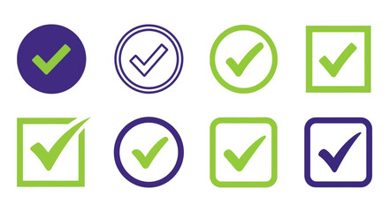 A collection of checkmark icons in various shapes and colors displayed on a clean background from a straightforward viewpoint showcasing approval and validation © HUANG