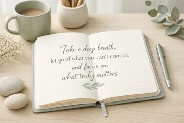 Fototapeta premium A notebook with an open page displays a motivational quote about focusing on what matters. Nearby are stones a cup and a pen