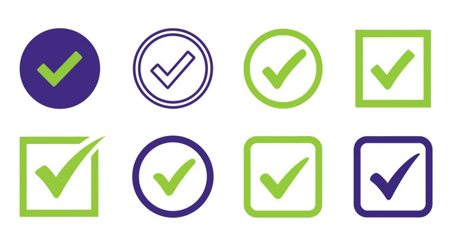 A collection of checkmark icons in various shapes and colors displayed on a clean background from a straightforward viewpoint showcasing approval and validation