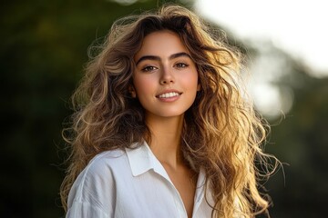 Naklejka premium sunlit person with voluminous curly hair wearing a white collared shirt outdoors, relaxed and confident mood