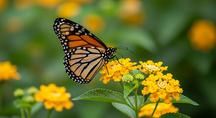 Obraz premium Close-up of monarch butterfly on small yellow flower, showcasing delicate pattern detail, symbolizing nature, transformation and beauty of summer season