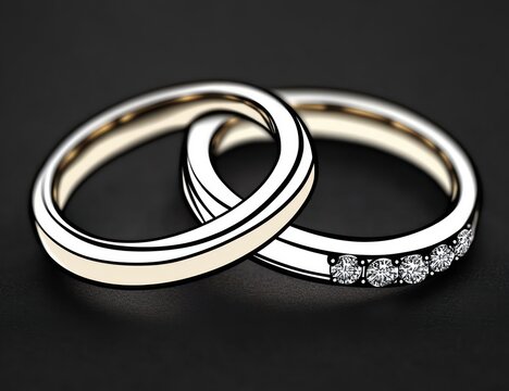 Two interlocked wedding rings on black background, one smooth gold band and one diamond-studded band with five sparkling stones, elegant romantic symbol of love and commitment