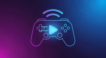 Glowing blue gaming controller with play button on neon background