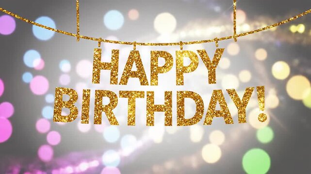 Happy Birthday!" glittery gold text hanging from a glittery gold string with a bokeh light swirl background