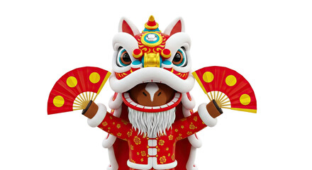 3D Render of a Traditional Chinese Lion Dance Performer with Fans
