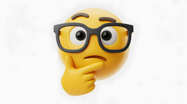A thinking emoji wearing glasses on a white background