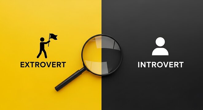Magnifying glass compares extrovert and introvert personality types concept