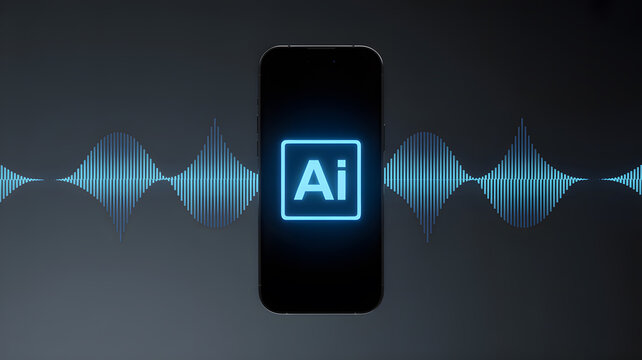 A smartphone displays a glowing blue AI logo with sound waves emanating from it