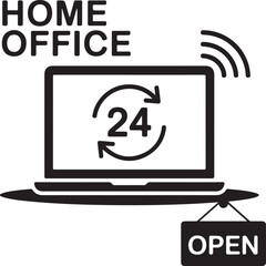 Laptop with a 24-hour rotation symbol and an open sign for a home office