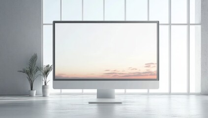 Fototapeta premium Widescreen desktop monitor centered before tall grid windows with two potted palms and a pastel sunrise on screen, minimalist bright and serene workspace