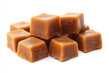 pile of golden-brown caramel candy cubes on a white background, glossy and tempting, evoking indulgent sweet cravings