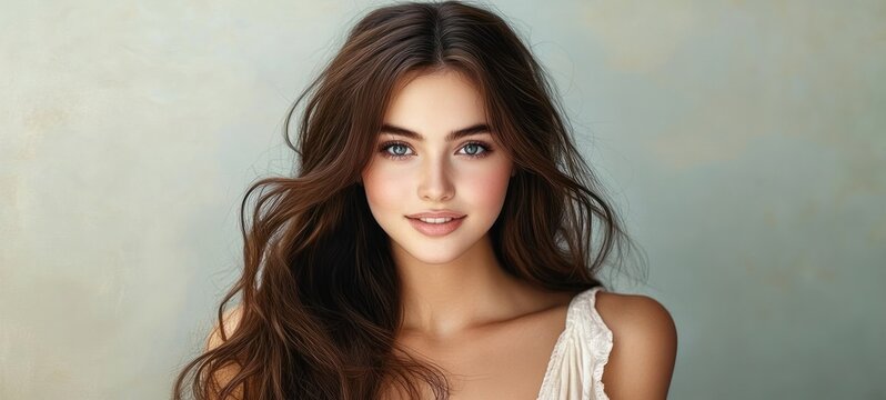 young woman with long wavy brown hair, bare shoulders and white lace top, serene relaxed mood against a soft neutral background