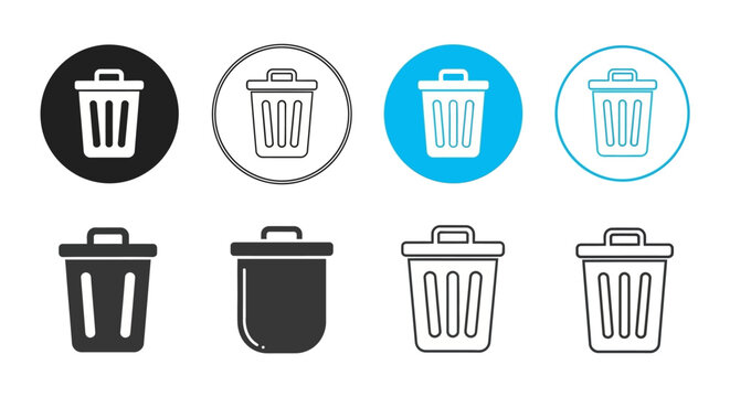 Collection of trash can icons in various styles and colors, useful for design projects