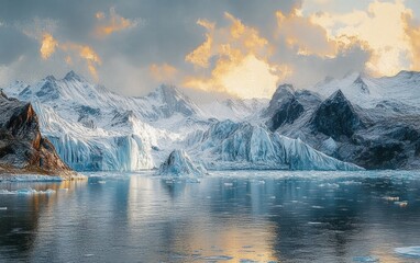 majestic icy mountain range with glaciers and floating ice in calm reflective water under dramatic golden clouds at sunset, evoking serene awe and solitude