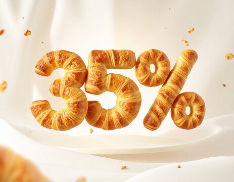 35 Percent Discount Made of Croissant Pastry Numbers Floating on Soft Background for Bakery Promotion or Sale Advertising Concept
