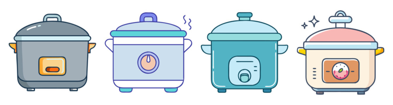 Set of 4 modern kitchen electric slow cookers vector icons with steam and food cooking appliances isolated on white background