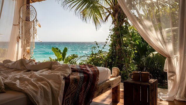 Tulum Jungle Canopy Boutique Hotel - Handwoven Bed Overlooking Caribbean Turquoise Coast