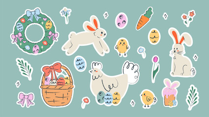 Cute Easter sticker set with a hand drawn bunny, chicken, basket and decorated Easter eggs on a pastel background. Playful flat illustration perfect for holiday cards, spring designs, children&rsquo;s proje