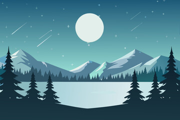 Serene nighttime landscape featuring a full moon and snow covered mountains