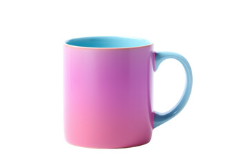 A colorful ceramic mug with a pink and blue gradient design