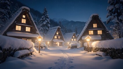 Fototapeta premium Snowy Night at Shirakawa-go Gassho Village - Illuminated Thatched Roof Houses & Warm Windows