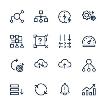 Minimalist monoline icons for autonomous task routing and agentic AI workflow orchestration in automation engines and cloud integration system dashboards