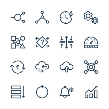 Minimalist monoline icons for autonomous task routing and agentic AI workflow orchestration in automation engines and cloud integration system dashboards