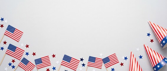 Obraz premium Celebrating independence day with american flags and party hats festive environment flat lay view vibrant theme for national holidays and celebrations