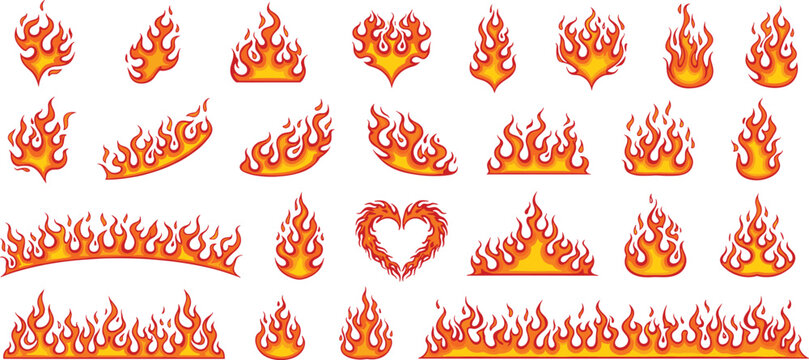 Cartoon fire flames collection with burning blaze elements and fiery shapes vector illustration set