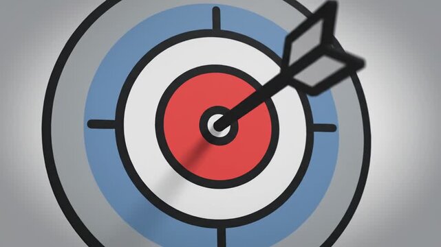 A stylized target, with concentric rings in red, white, gray, and blue, arrow pointing