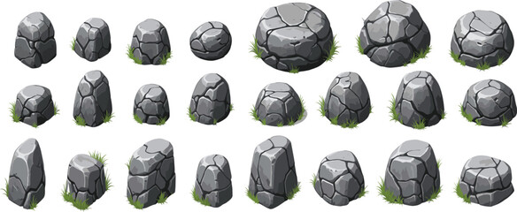 Cartoon stone rock vector set with natural gray boulders and grass isolated game asset illustration collection © Momota