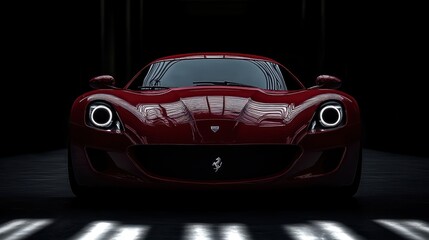 Fototapeta premium low-slung glossy red sports car front view in dark studio with halo headlights, bold reflections and an aggressive poised stance conveying power and precision