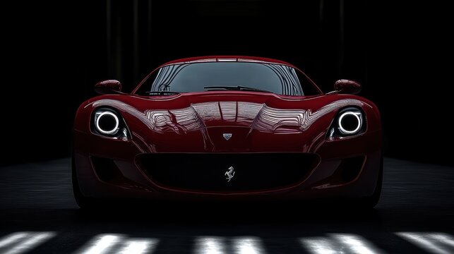 low-slung glossy red sports car front view in dark studio with halo headlights, bold reflections and an aggressive poised stance conveying power and precision