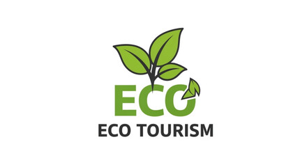 Eco tourism logo with green leaves and text on white background symbolizing sustainable travel and environmental conservation