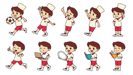 Cute boy cartoon character school uniform cap activity set showing child student in multiple pose, running with soccer ball, cheering, reading book, using laptop, writing notebook, holding frisbee