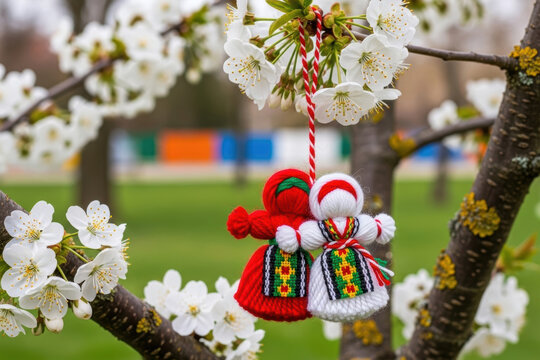 Traditional red and white martenitsa dolls hanging on blooming cherry tree branch for Bulgarian spring celebration Baba Marta