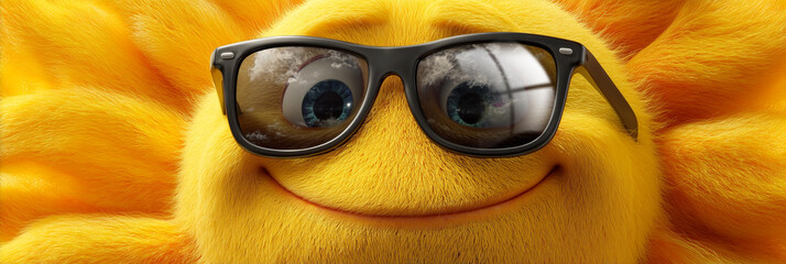 Close-Up of a Smiling Sun with Sunglasses Looking at Camera on Bright Yellow Orange Background. Perfect for Summer Campaigns, Children&rsquo;s Content, Advertising and Seasonal Promotions. Generative Ai.