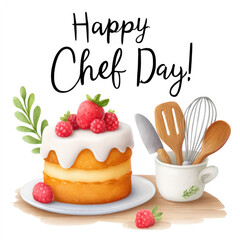 Celebratory cake with berries and kitchen utensils for chef's day on white background