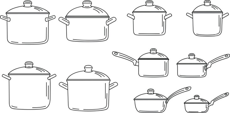 Hand drawn vector set of various kitchen cooking pots and pans collection in minimal line art style for culinary recipes and household restaurant design