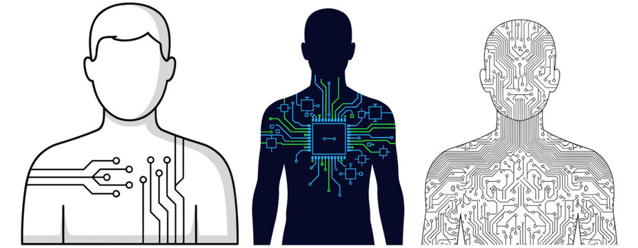 A compelling visual representation showcasing the intricate integration of human anatomy with advanced circuit board technology, symbolizing artificial intelligence and cyborg concepts.