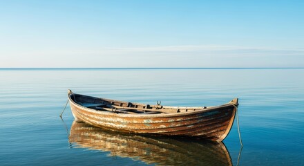 Obraz premium Old Wooden Boat Adrift on Calm Blue Water Under a Clear Sky