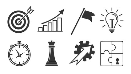 Target arrow chart flag idea clock chess gear puzzle business icon set for strategy planning, goal setting, growth tracking, innovation, time management, leadership, problem solving