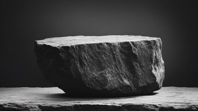 Large rough stone block resting on a flat slab in dramatic monochrome lighting, austere and stoic still life