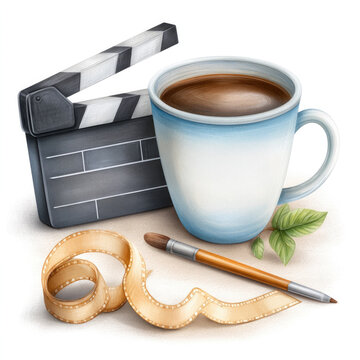 Film clapperboard and coffee cup with paintbrush and film strip on white background director's day