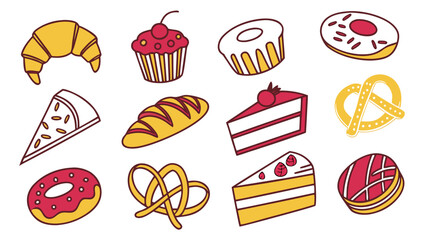 Bakery dessert pastry donut cupcake croissant pretzel cake set of colorful outline icons on white background, sweet snack assortment for menu, packaging, bakery shop design
