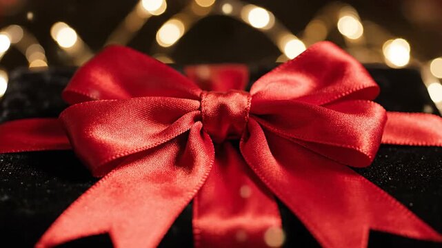 Red ribbon on a black box with bokeh lights