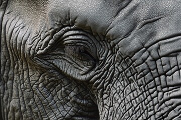 close-up of an elephant eye and heavily wrinkled gray skin conveying quiet wisdom and calm