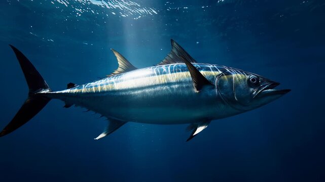 Large Tuna Fish Swimming Gracefully in the Deep Blue Ocean Waters, Showcasing Its Sleek Body and Powerful Fins Underwater