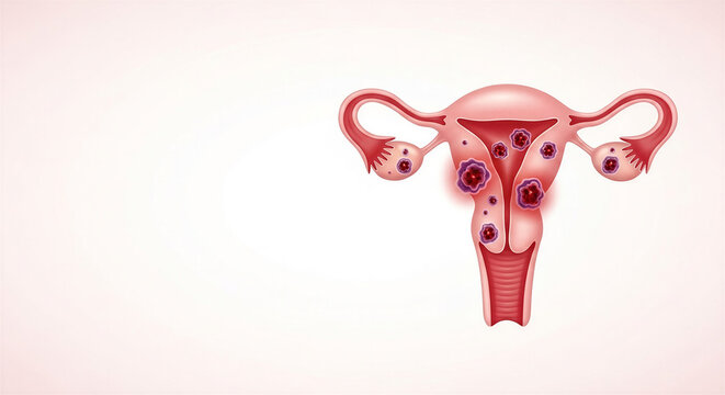 Anatomical illustration of human uterus with ovaries and fallopian tubes  
