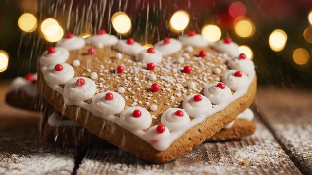 Heart gingerbread cookies stacked on a wood surface with white icing and red decorations, blurred lights backdrop